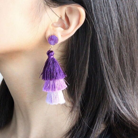 14K Yellow Gold with Purple Ombre Silk Thread Tassel and Quartz Druzy Earrings - Picture 4 of 8